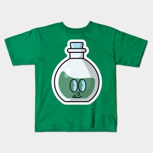 Potion Bottle with Cartoon Character Sticker vector illustration. Science object icon concept. Handsome cartoon with Potion sticker vector design. Cartoon character drink design. Kids T-Shirt